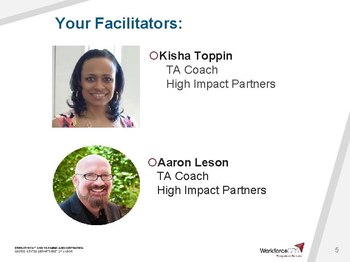 Your Facilitators: ¡Kisha Toppin TA Coach High Impact Partners ¡Aaron Leson TA Coach High