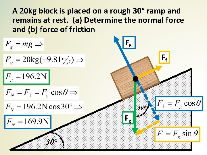 A 20 kg block is placed on a rough 30° ramp and remains at