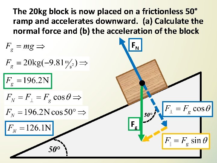 The 20 kg block is now placed on a frictionless 50° ramp and accelerates