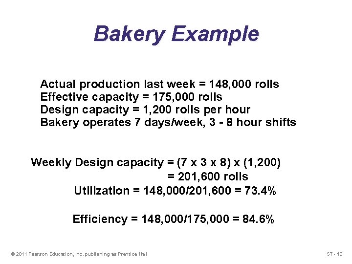 Bakery Example Actual production last week = 148, 000 rolls Effective capacity = 175,