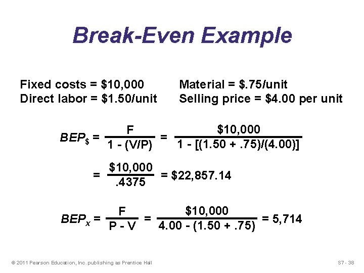 Break-Even Example Fixed costs = $10, 000 Direct labor = $1. 50/unit Material =