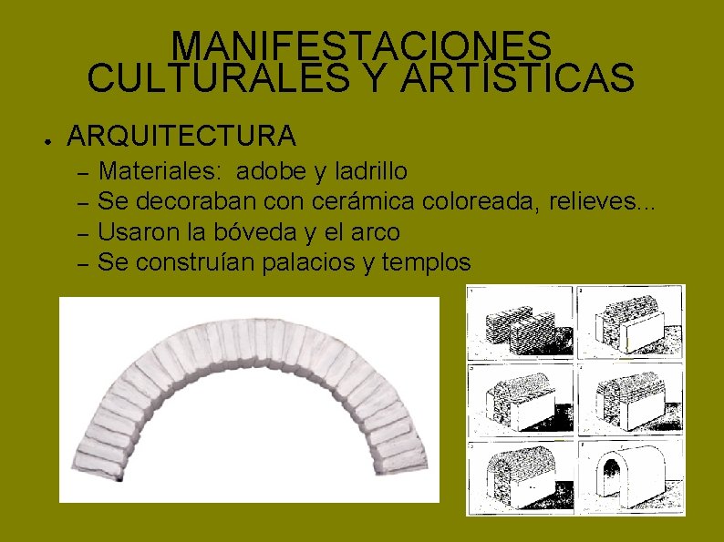 MANIFESTACIONES CULTURALES Y ARTÍSTICAS ● ARQUITECTURA – – Materiales: adobe y ladrillo Se decoraban