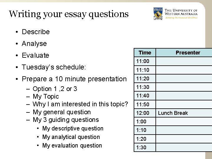 Writing your essay questions • Describe • Analyse • Evaluate • Tuesday’s schedule: •