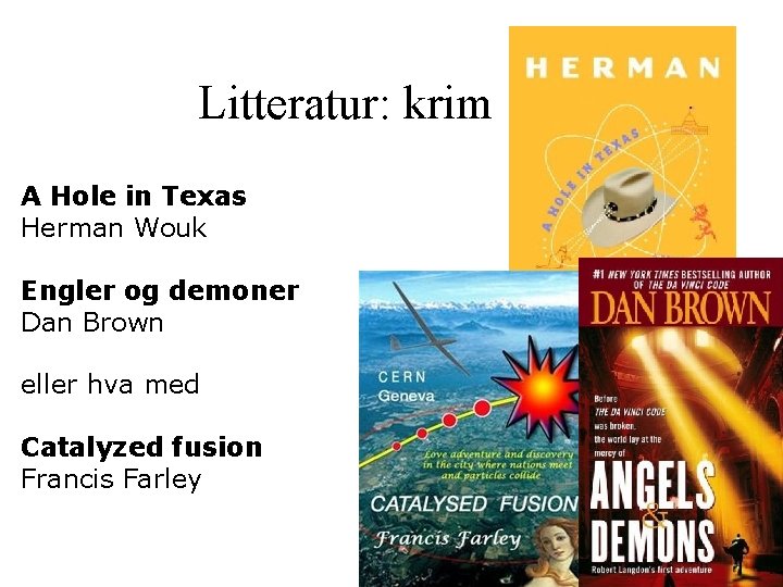 Litteratur: krim A Hole in Texas Herman Wouk Engler og demoner Dan Brown eller