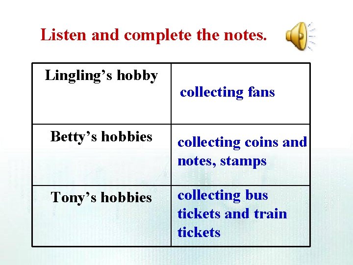 Listen and complete the notes. Lingling’s hobby collecting fans Betty’s hobbies collecting coins and Listen and complete the notes. Lingling’s hobby collecting fans Betty’s hobbies collecting coins and