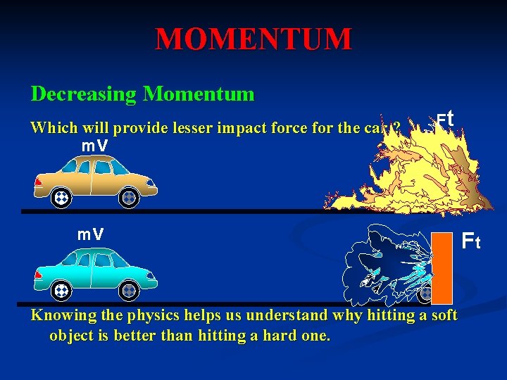 MOMENTUM Decreasing Momentum Which will provide lesser impact force for the car ? mv