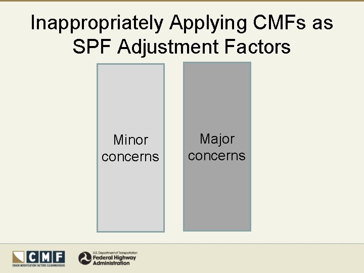 Inappropriately Applying CMFs as SPF Adjustment Factors Minor concerns Major concerns 