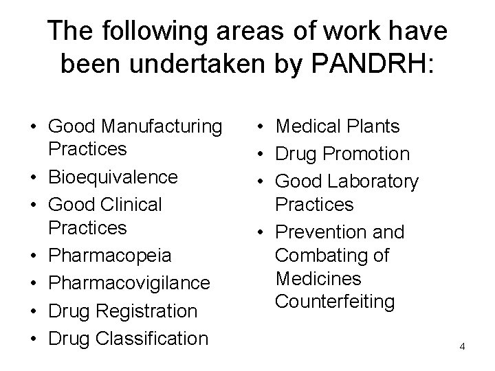 The following areas of work have been undertaken by PANDRH: • Good Manufacturing Practices