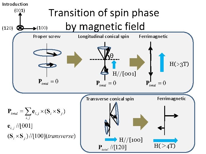 Introduction (001) (120) Transition of spin phase (100) by magnetic field Proper screw Longitudinal