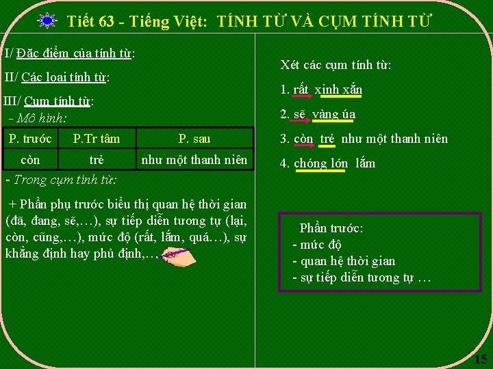 Tiết 63 - Tiếng Việt: TÍNH TỪ VÀ CỤM TÍNH TỪ I/ Đặc điểm
