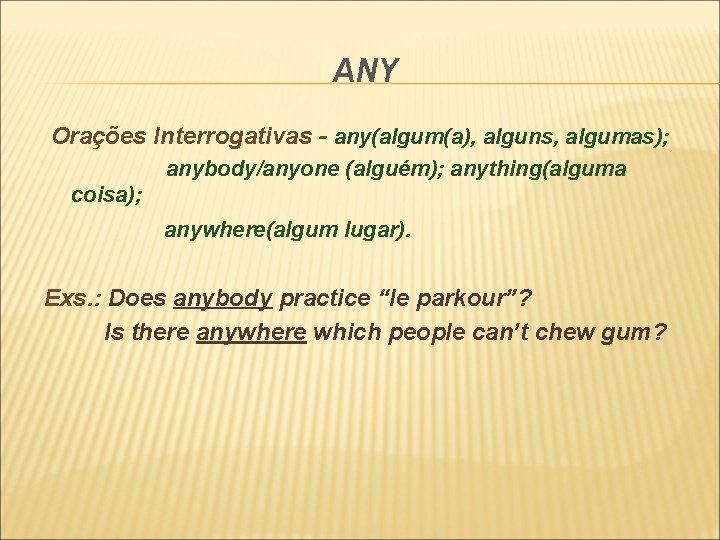 ANY Orações Interrogativas - any(algum(a), alguns, algumas); anybody/anyone (alguém); anything(alguma coisa); anywhere(algum lugar). Exs.