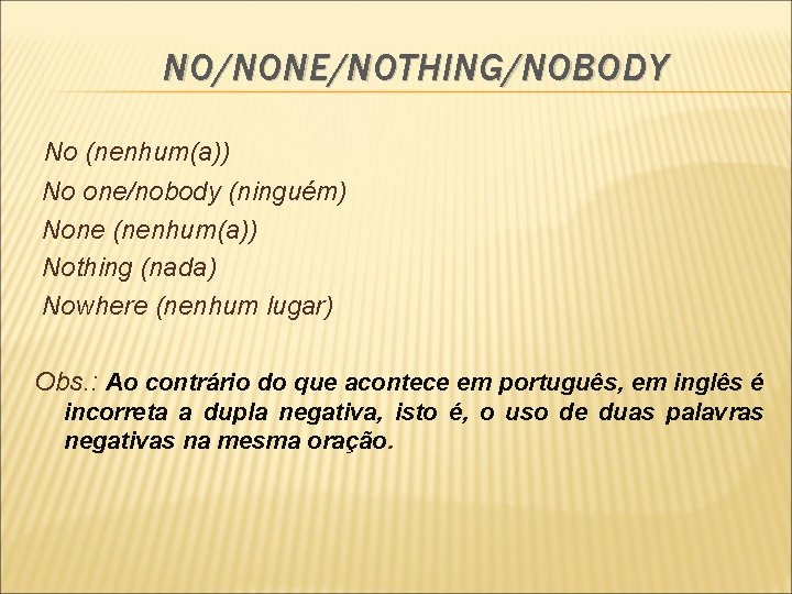 NO/NONE/NOTHING/NOBODY No (nenhum(a)) No one/nobody (ninguém) None (nenhum(a)) Nothing (nada) Nowhere (nenhum lugar) Obs.