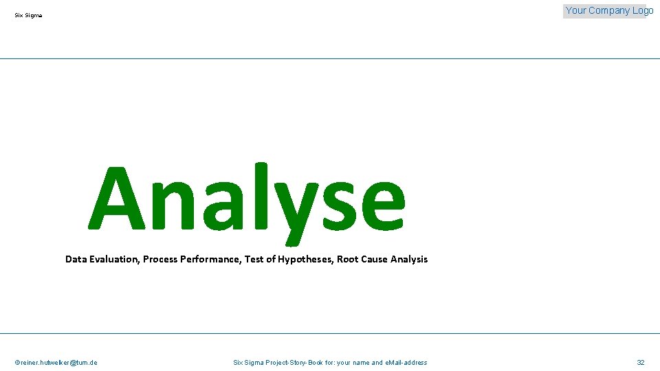 Your Company Logo Six Sigma Analyse Data Evaluation, Process Performance, Test of Hypotheses, Root