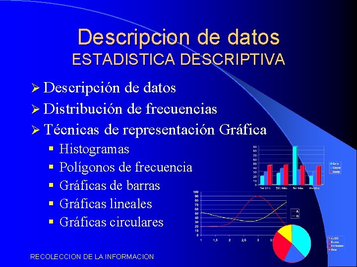 Descripcion de datos ESTADISTICA DESCRIPTIVA Ø Descripción de datos Ø Distribución de frecuencias Ø