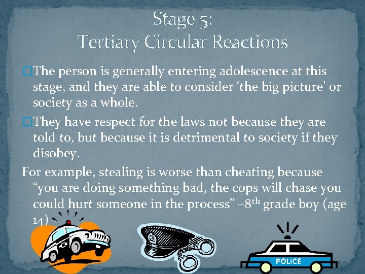 Stage 5: Tertiary Circular Reactions �The person is generally entering adolescence at this stage,