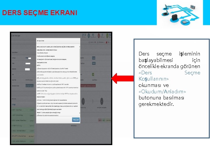 DERS SEÇME EKRANI Ders seçme işleminin başlayabilmesi için öncelikle ekranda görünen «Ders Seçme Koşullarının»