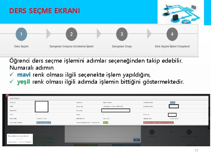 DERS SEÇME EKRANI Öğrenci ders seçme işlemini adımlar seçeneğinden takip edebilir. Numaralı adımın ü