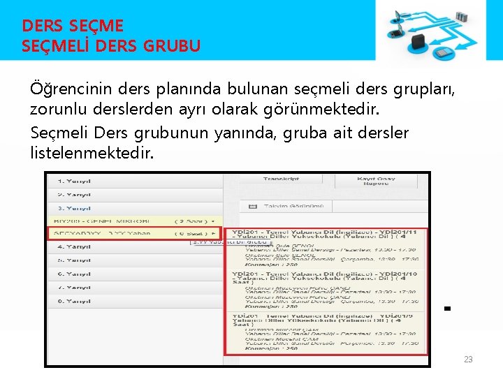 DERS SEÇMELİ DERS GRUBU Öğrencinin ders planında bulunan seçmeli ders grupları, zorunlu derslerden ayrı