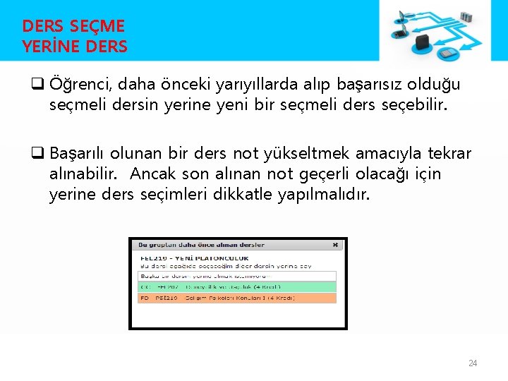 DERS SEÇME YERİNE DERS q Öğrenci, daha önceki yarıyıllarda alıp başarısız olduğu seçmeli dersin