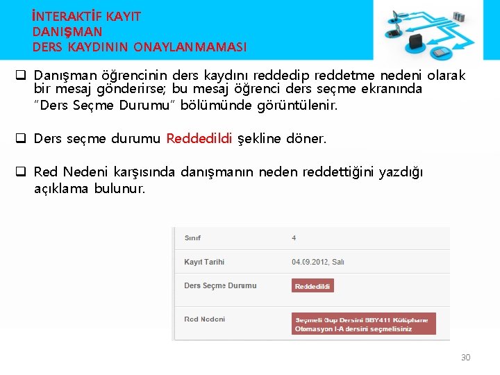 İNTERAKTİF KAYIT DANIŞMAN DERS KAYDININ ONAYLANMAMASI q Danışman öğrencinin ders kaydını reddedip reddetme nedeni