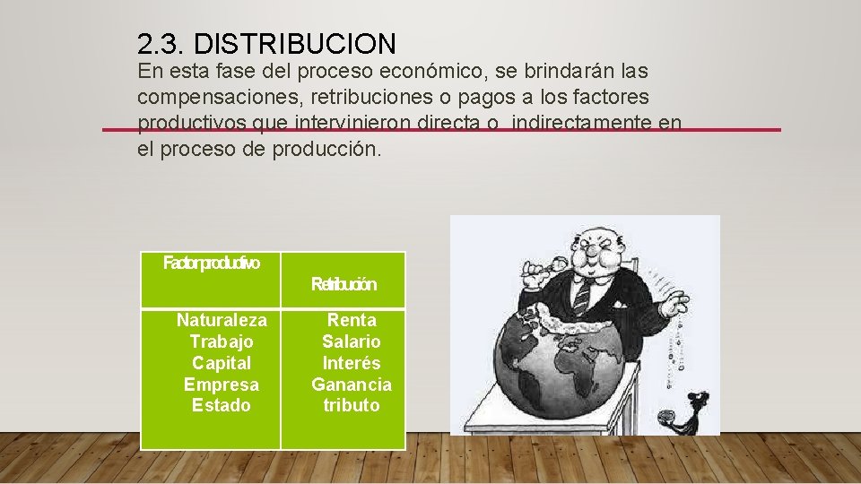 2. 3. DISTRIBUCION En esta fase del proceso económico, se brindarán las compensaciones, retribuciones