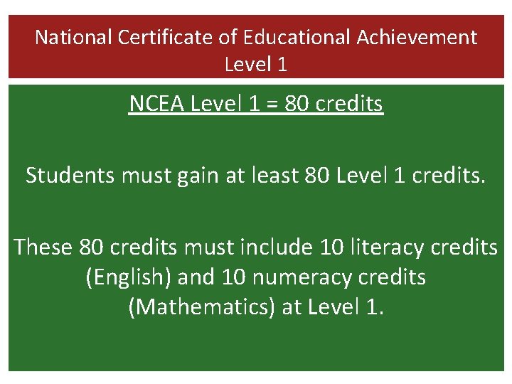 National Certificate of Educational Achievement Level 1 NCEA Level 1 = 80 credits Students