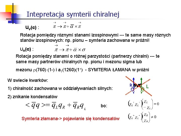 Intepretacja symterii chiralnej UV(α) : Rotacja pomiędzy róznymi stanami izospinowymi --- te same masy