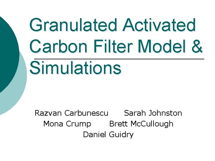 Granulated Activated Carbon Filter Model & Simulations Razvan Carbunescu Sarah Johnston Mona Crump Brett