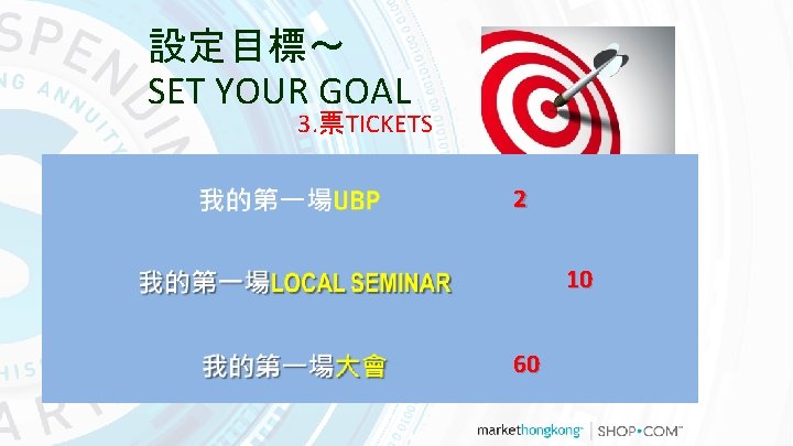 設定目標～ SET YOUR GOAL 3. 票TICKETS 2 10 60 