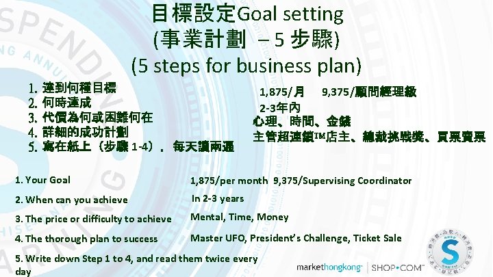 目標設定Goal setting (事業計劃 – 5 步驟) (5 steps for business plan) 1. 2. 3.