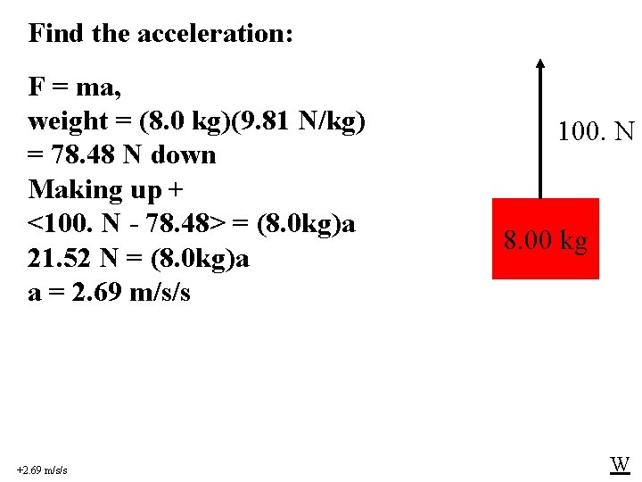 Find the acceleration: F = ma, weight = (8. 0 kg)(9. 81 N/kg) =