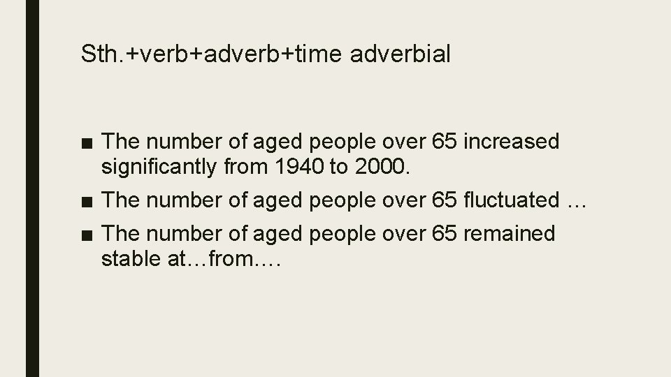 Sth. +verb+adverb+time adverbial ■ The number of aged people over 65 increased significantly from Sth. +verb+adverb+time adverbial ■ The number of aged people over 65 increased significantly from