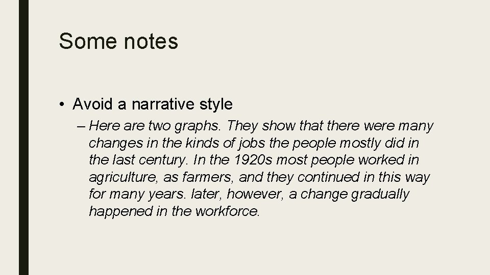 Some notes • Avoid a narrative style – Here are two graphs. They show Some notes • Avoid a narrative style – Here are two graphs. They show