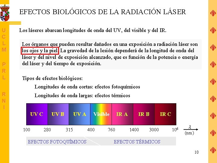 EFECTOS BIOLÓGICOS DE LA RADIACIÓN LÁSER Los láseres abarcan longitudes de onda del UV,