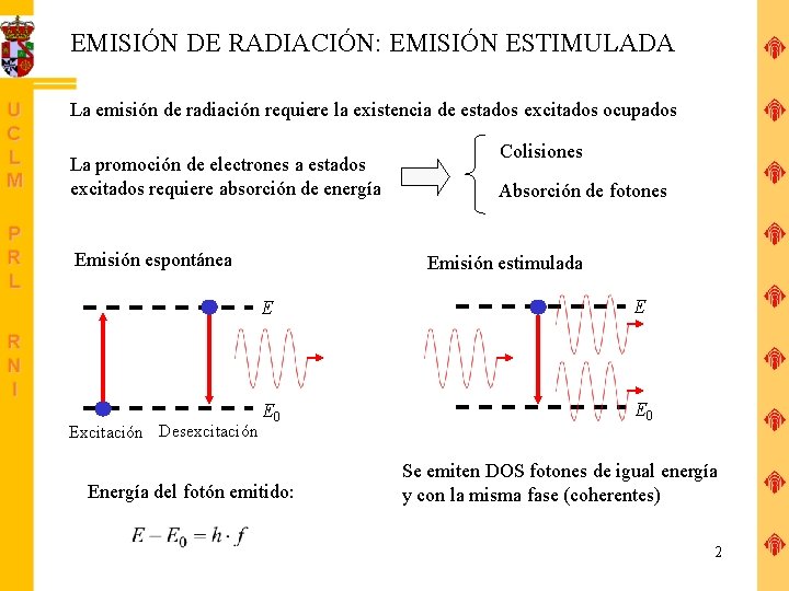 EMISIÓN DE RADIACIÓN: EMISIÓN ESTIMULADA La emisión de radiación requiere la existencia de estados