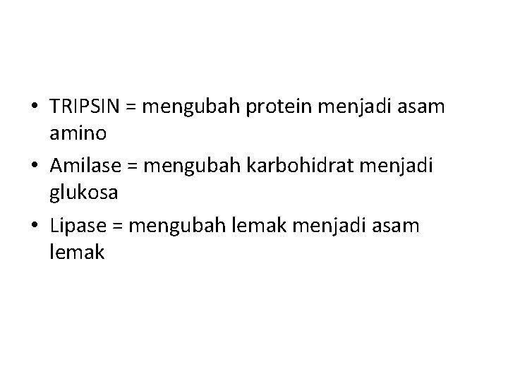  • TRIPSIN = mengubah protein menjadi asam amino • Amilase = mengubah karbohidrat