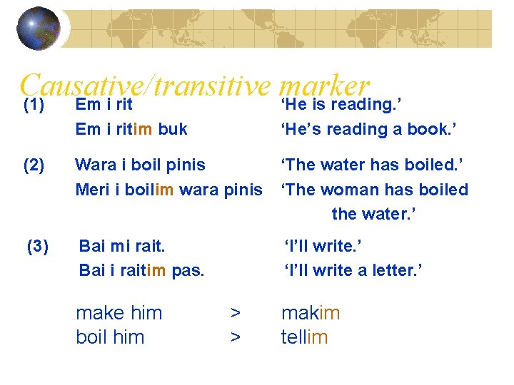 Causative/transitive marker (1) Em i rit ‘He is reading. ’ Em i ritim buk
