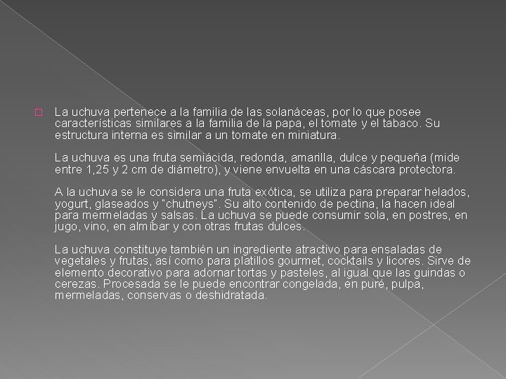 � La uchuva pertenece a la familia de las solanáceas, por lo que posee