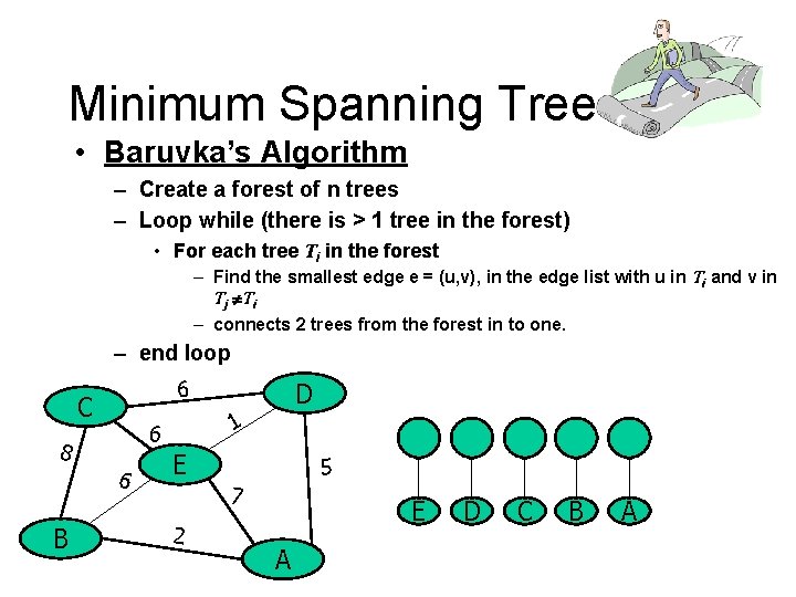 Minimum Spanning Tree • Baruvka’s Algorithm – Create a forest of n trees –