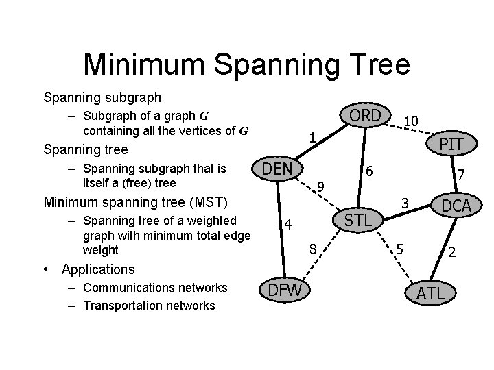 Minimum Spanning Tree Spanning subgraph ORD – Subgraph of a graph G containing all