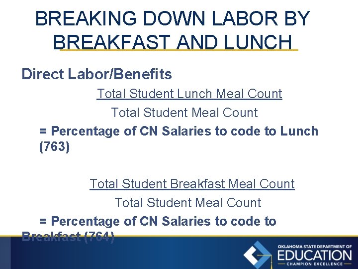 BREAKING DOWN LABOR BY BREAKFAST AND LUNCH Direct Labor/Benefits Total Student Lunch Meal Count
