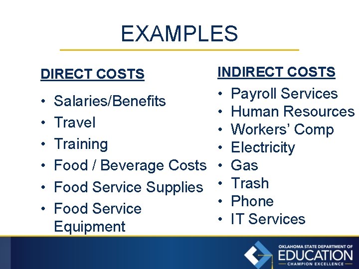 EXAMPLES DIRECT COSTS • • • INDIRECT COSTS • Salaries/Benefits • Travel • Training