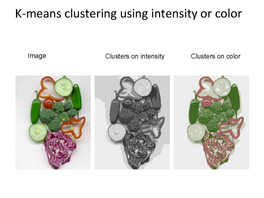 K-means clustering using intensity or color Image Clusters on intensity Clusters on color 