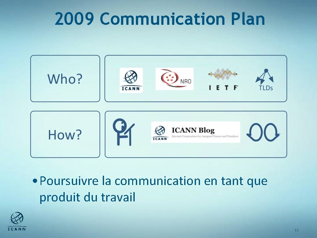 2009 Communication Plan • Poursuivre la communication en tant que produit du travail 11