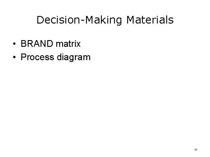 Decision-Making Materials • BRAND matrix • Process diagram 17 