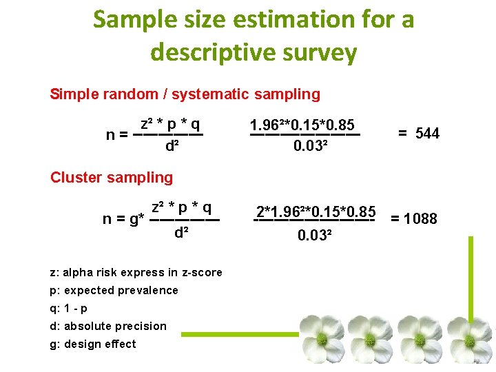 Sample size estimation for a descriptive survey Simple random / systematic sampling z² * Sample size estimation for a descriptive survey Simple random / systematic sampling z² *