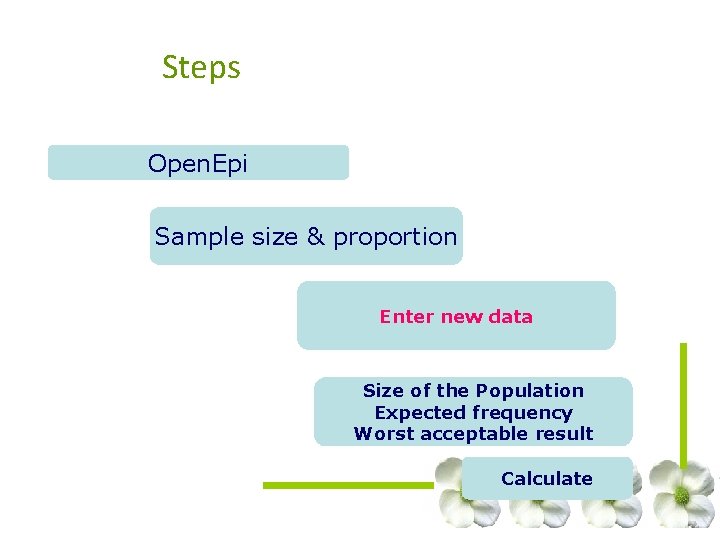 Steps Open. Epi Sample size & proportion Enter new data Size of the Population Steps Open. Epi Sample size & proportion Enter new data Size of the Population