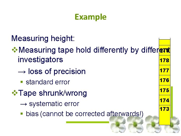 Example Measuring height: 179 v. Measuring tape hold differently by different 178 investigators 177 Example Measuring height: 179 v. Measuring tape hold differently by different 178 investigators 177