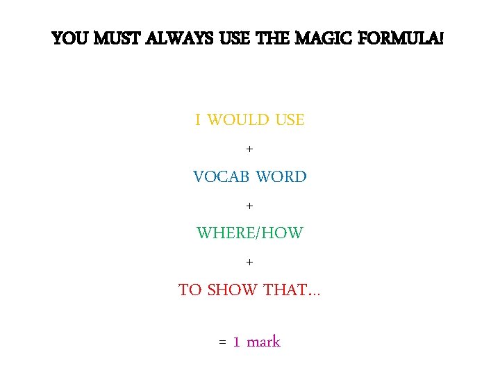 YOU MUST ALWAYS USE THE MAGIC FORMULA! I WOULD USE + VOCAB WORD +