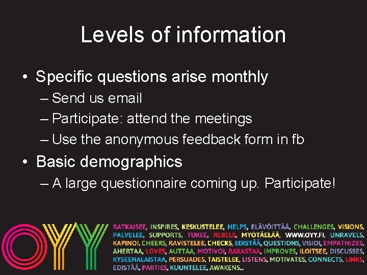 Levels of information • Specific questions arise monthly – Send us email – Participate: